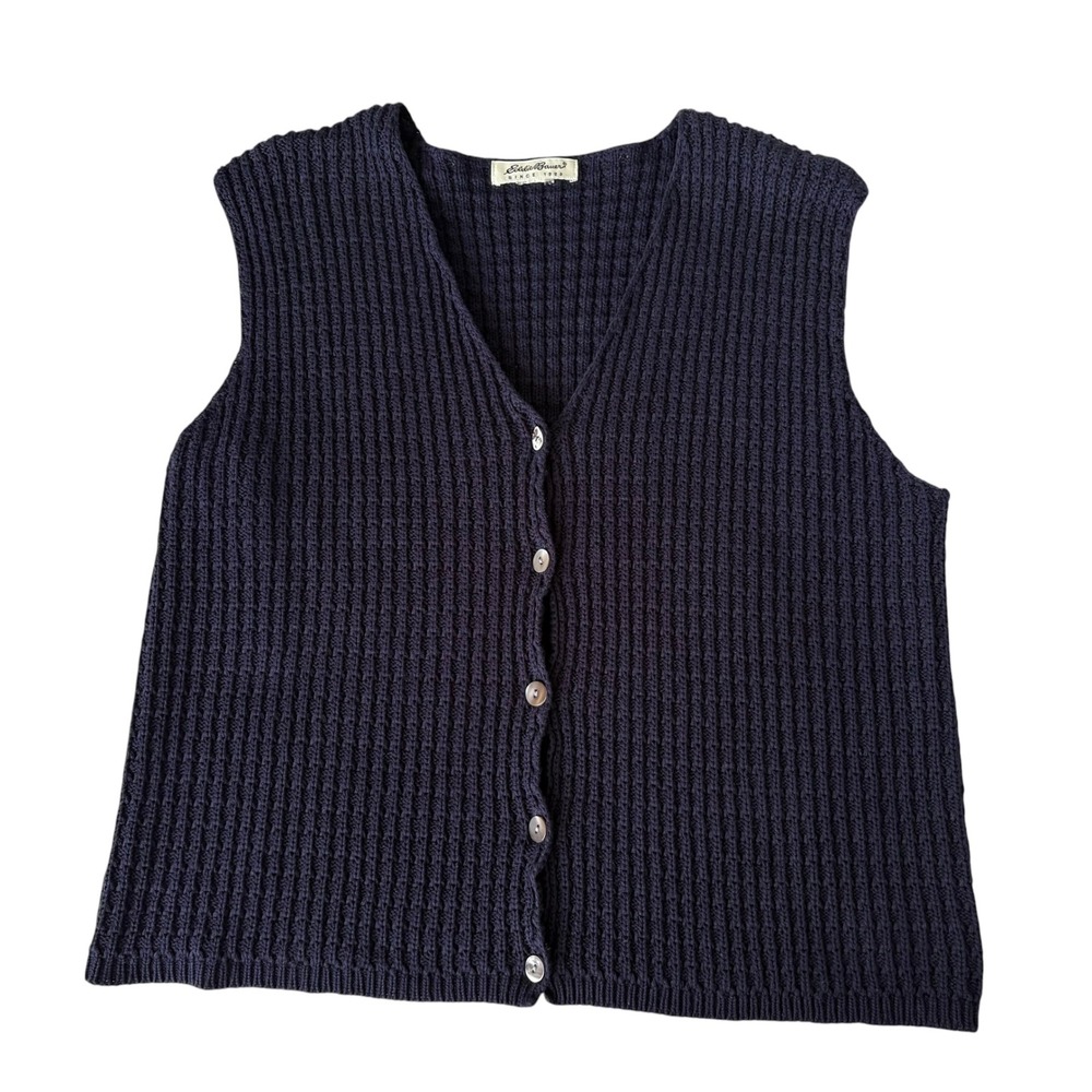 Eddie Bauer Navy Blue Ribbed Cotton Knit V-Neck Sweater Vest Fisherman Cabincore